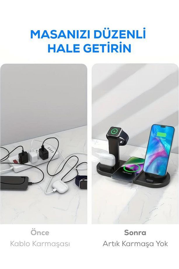 4'ü 1 Arada Kablosuz Çok İşlevli Şarj İstasyonu – Telefon, Akıllı Saat, Kulaklık Uyumlu
