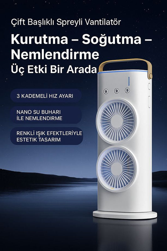 Çift Fanlı Taşınabilir Mini Klima – LED Işıklı, Nemlendirici, Sessiz, Uzaktan Kumandalı Serinletici